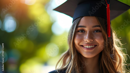Graduation day, back view of Asian woman with graduation cap and coat holding diploma, success concept