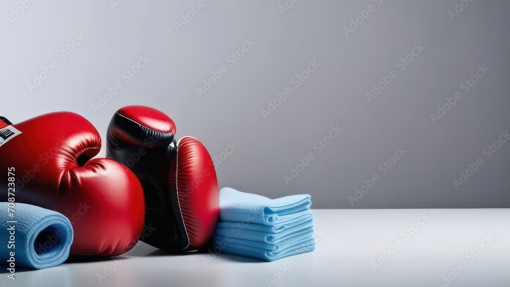Boxing gloves lie on a light background free space