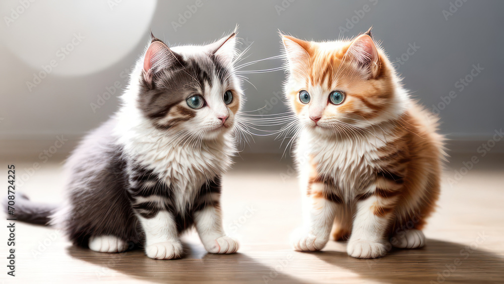 Two cute kittens sit on the floor
