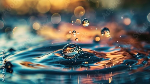  a close up of a drop of water on the surface of a body of water with a lot of bubbles on the surface of the water and a blurry background. photo