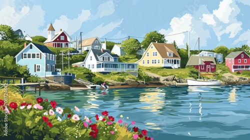  a painting of a small town by a body of water with houses on the shore and a boat in the water with flowers in the foreground and a blue sky with clouds.