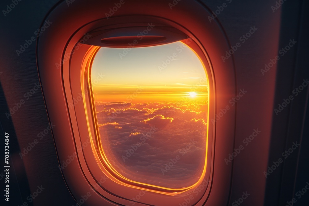 an airplane window at sunset, in the style of aesthetic, light orange and light blue,