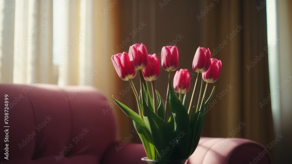 Fototapeta premium A lot of pink tulips on the light background. Beautiful festive background.