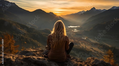 woman watching sunset mountain peak yoga pose photo