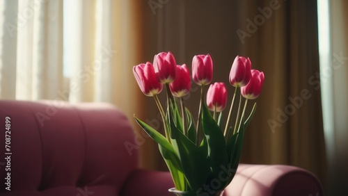 A lot of pink tulips on the light background. Beautiful festive background.