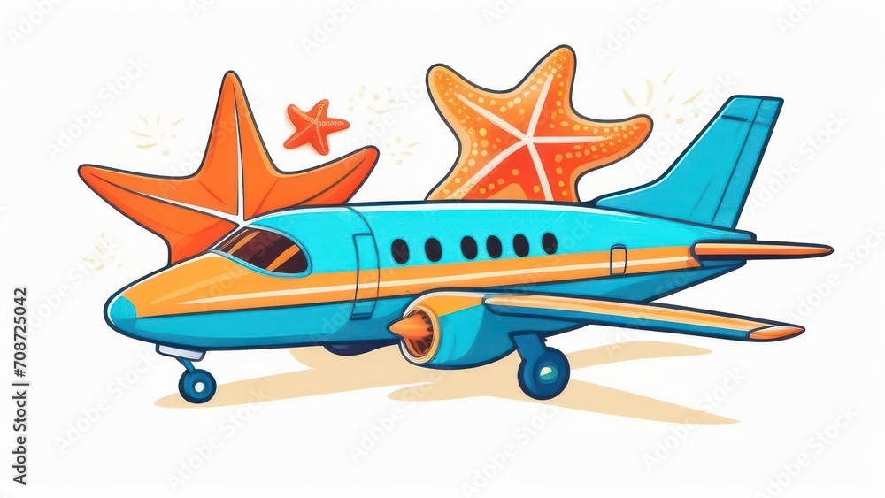 Airplane and starfish on a light background. Vacation and summer holiday concept Airplane and starfish on a light background. Vacation and summer holiday concept