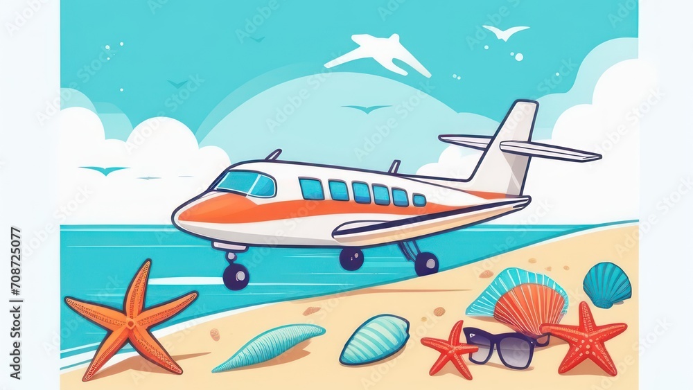 Airplane and starfish on a light background. Vacation and summer holiday concept