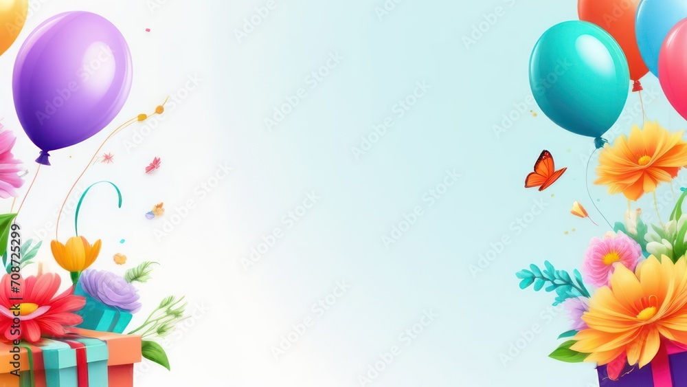Beautiful gift boxes with balloons and flowers on a light background with space for text	

