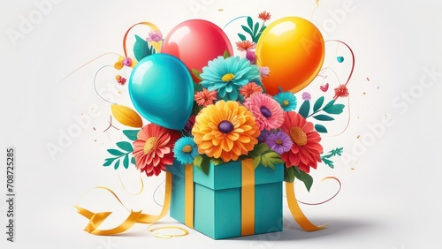 Beautiful gift boxes with balloons and flowers on a light background 
