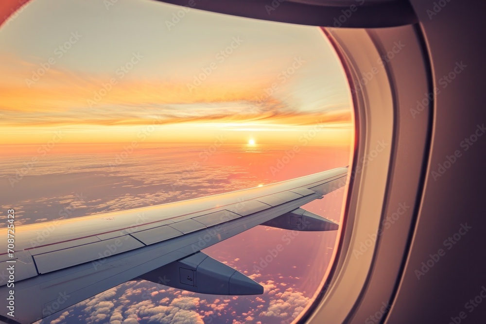 Fototapeta premium a plane wing over the sky at sunrise, in the style of afro-colombian themes, yellow and red