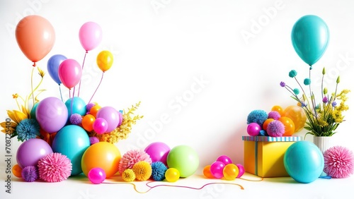 Beautiful gift boxes with balloons and flowers on a light background with space for text  