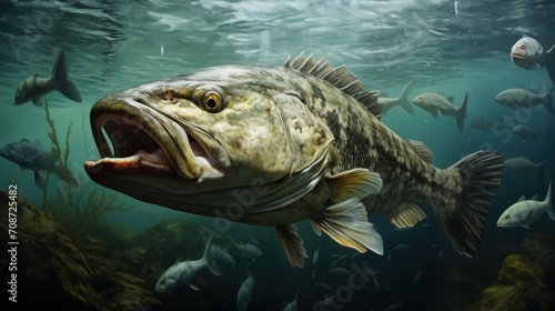  a large fish with it's mouth open and mouth wide open in front of a group of fish swimming in a body of water with other fish in the background.