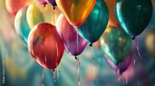  a bunch of multicolored balloons floating in the air with streamers of streamers hanging down from the bottom of the balloons, with a multicolored background.