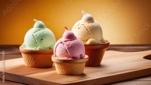 Multi-colored ice cream in cups on a light background