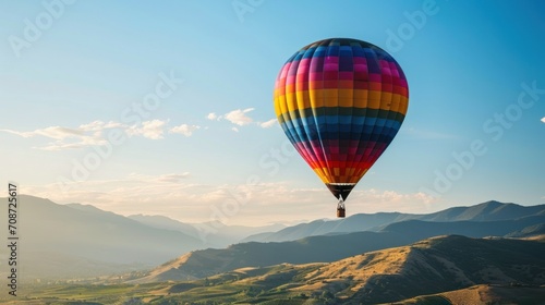  a multicolored hot air balloon flying over a mountain range in a clear blue sky with a few clouds in the sky and a mountain range in the background. © Anna