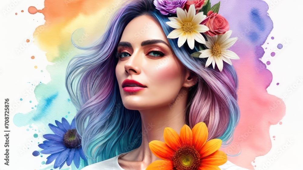 Beautiful girl with colored hair and flowers in her hair on a light background