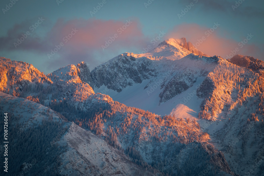 Alpenglow on Lone Peak, winter, Utah