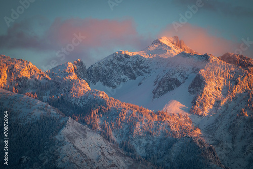 Alpenglow on Lone Peak, winter, Utah photo