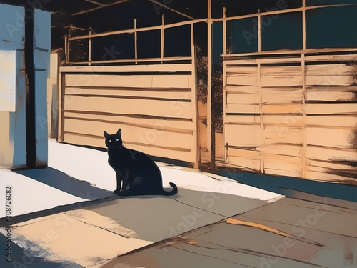 Paisaje de pueblo en calma con gato observando reflexivo