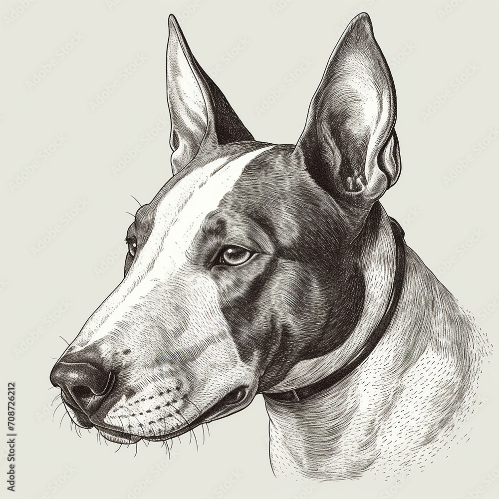 Bull terrier dog, engraving style, close-up portrait, black and white drawing, cute dog, favorite pet
