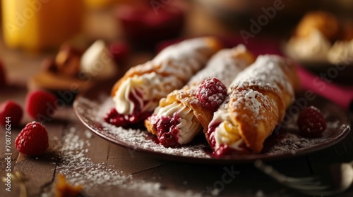  a plate topped with crepes covered in powdered sugar and raspberries next to a glass of orange juice and a glass of orange juice in the background.
