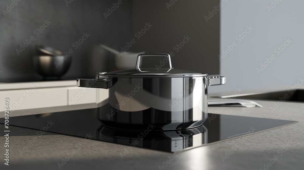 a black and silver pot sitting on top of a stove top next to a knife and a pot on top of a black burner on a white counter top. a black and silver pot sitting on top of a stove top next to a knife and a pot on top of a black burner on a white counter top.
