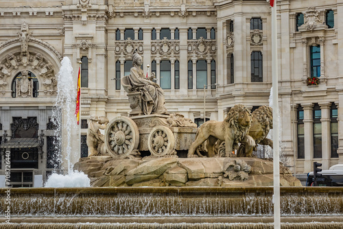 Architectural fragments of Cibeles Palace (Palacio de Cibeles) in Plaza de Cibeles: Madrid City Council (formerly Palace of Communication), iconic monument of the city. MADRID, SPAIN.