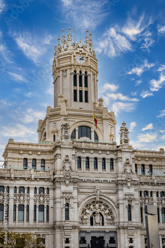 Architectural fragments of Cibeles Palace (Palacio de Cibeles) in Plaza de Cibeles: Madrid City Council (formerly Palace of Communication), iconic monument of the city. MADRID, SPAIN.