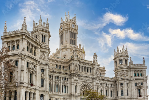 Architectural fragments of Cibeles Palace (Palacio de Cibeles) in Plaza de Cibeles: Madrid City Council (formerly Palace of Communication), iconic monument of the city. MADRID, SPAIN. photo