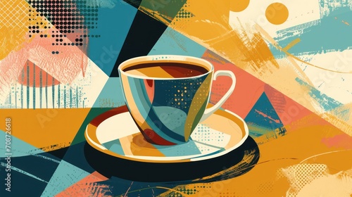  a cup of coffee on a saucer with a saucer on a saucer on a saucer on a saucer on a saucer on a colorful background.