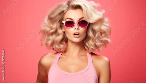 Young woman with blond curly hair, wearing sunglasses, exudes elegance generated by AI