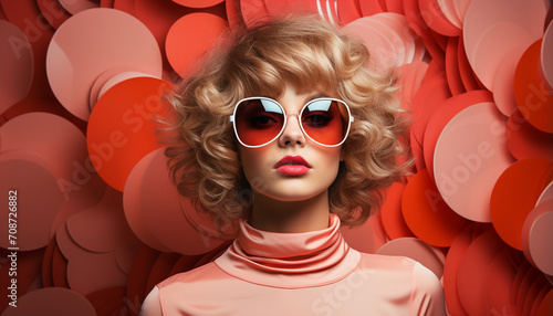 Fashionable woman in sunglasses exudes elegance and glamour with curly hair generated by AI
