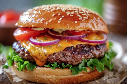 tasty traditional american cheeseburger closeup