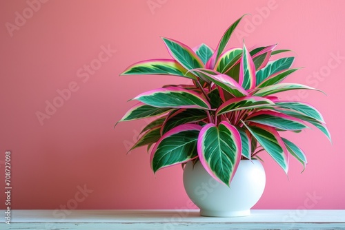 colorful house plant triostar in a pod on pink background with copy space photo