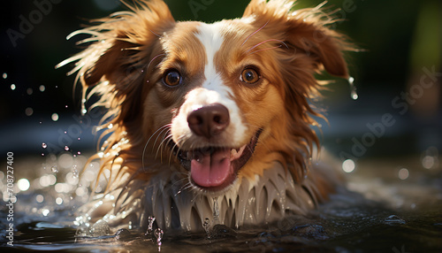 Cute puppy playing in water, looking at camera, smiling generated by AI © Stockgiu