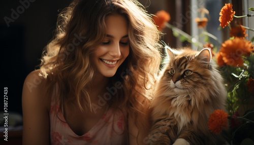 A cute woman embraces a playful kitten, enjoying domestic life generated by AI