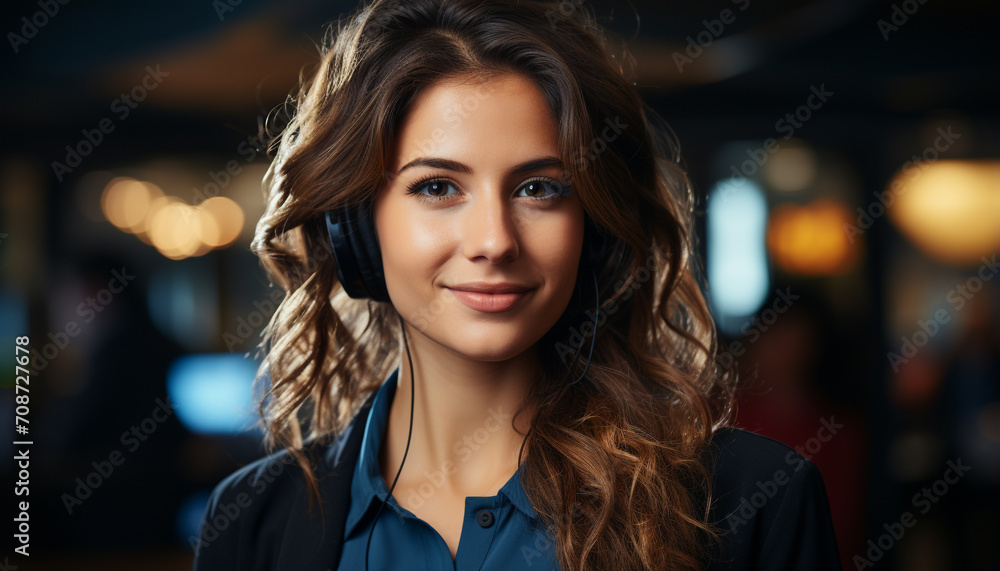 Obraz premium Young woman, smiling, looking at camera, confident, beautiful, outdoors generated by AI