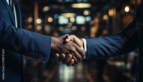 Successful businessmen shaking hands in a professional office environment generated by AI