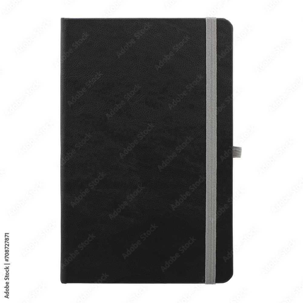 Black Leather Organizer, Daily Notebook with Pen Holder isolated on transparent background. Stylish daily planner with colored rubber pen holder, Png Isolated background