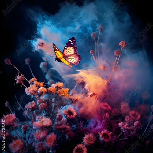 Glowing butterflies from paper on a dark background with warm smoke in some pretty colors © muhammad