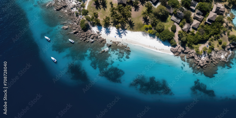 island's azure waters, sandy beaches, and stunning coastal scenery, captured in an aerial view.