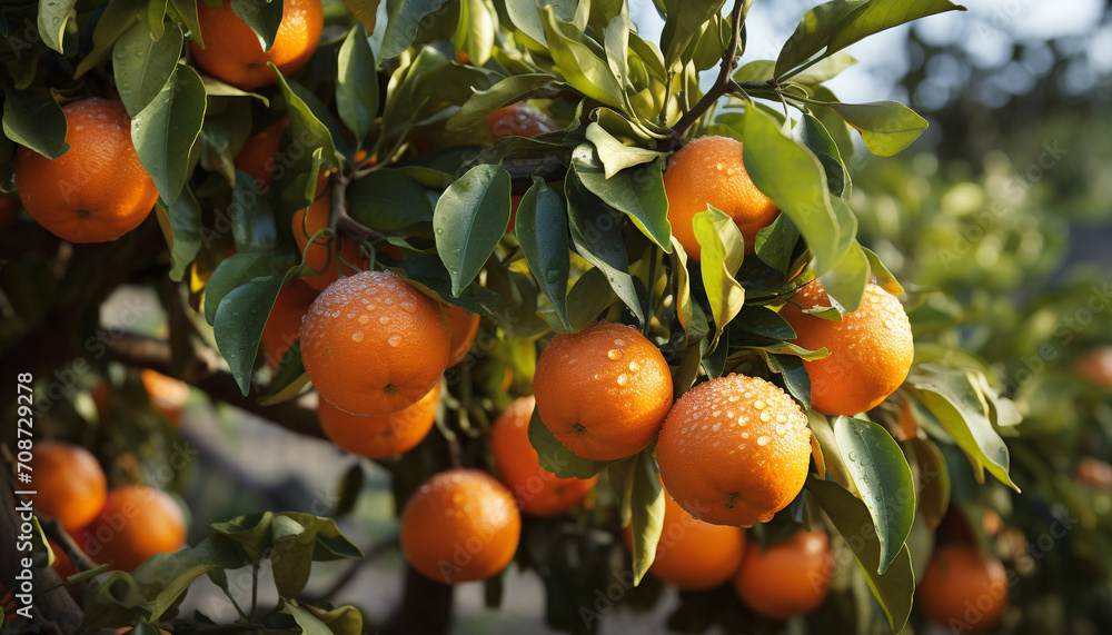 Freshness of orange tree, ripe citrus fruit hanging on branch generated by AI