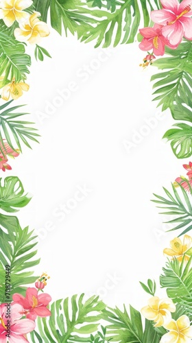 A tropical frame illustration featuring a variety of lush green leaves and vibrant flowers like plumerias and hibiscus. The composition leaves a white, empty space in the center, ideal for text 