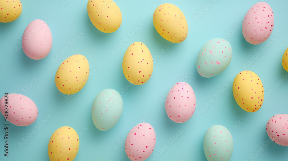 Pastel-colored Easter eggs arranged in a pattern, Easter, pastel background, Flat lay, top view, with copy space