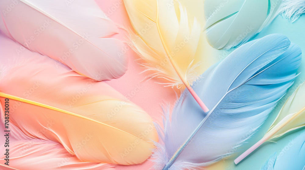 A soft-focus image of pastel-colored feathers, symbolizing Easter's gentleness, Easter, pastel background, Flat lay, top view, with copy space A soft-focus image of pastel-colored feathers, symbolizing Easter's gentleness, Easter, pastel background, Flat lay, top view, with copy space