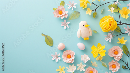 Handmade Easter crafts on a pastel paper background, Easter, pastel background, Flat lay, top view, with copy space