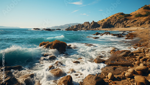 Tranquil seascape breaking waves, rocky coastline, sunset natural beauty generated by AI
