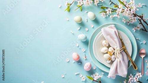 Easter brunch table setting in pastel tones, Easter, pastel background, Flat lay, top view, with copy space