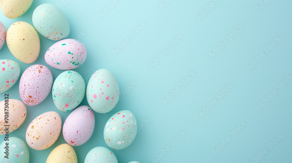 A collection of pastel painted eggshells, delicately arranged, Easter, pastel background, Flat lay, top view, with copy space
