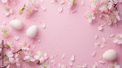 A simple pastel Easter card surrounded by small flowers  Easter  pastel background  Flat lay  top view  with copy space
